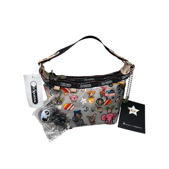 Tokidoki LeSportsac Bambino Bag Retired Print Gray Characters Qee Charm HTF NWT - Picture 7 of 15